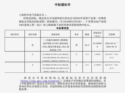 中標(biāo)通知書(shū)！經(jīng)依法招標(biāo)，確定你公司為國(guó)網(wǎng)黃石供電公司2024年省管產(chǎn)品第一次物資授權(quán)公開(kāi)批次招標(biāo)采購(gòu)（招標(biāo)編號(hào)：CY1524SB0013W1PB），7-智慧光電產(chǎn)業(yè)園10KV進(jìn)線(xiàn)工程（包3）柱上斷路器下表所列事項(xiàng)采購(gòu)貨物中標(biāo)人。